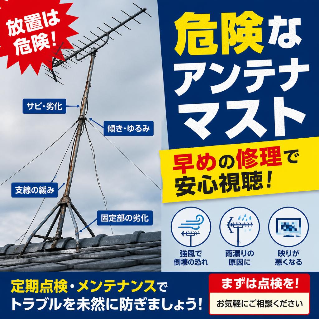 危険なアンテナマスト、早めの修理で安心視聴！