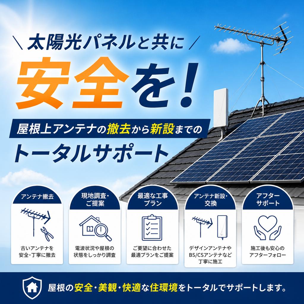 太陽光パネルと共に安全を！屋根上アンテナの撤去から新設までのトータルサポート